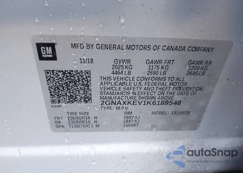 2019 Chevrolet Equinox Lt z USA, uszkodzony, nr VIN 2GNAXKEV1K6189548